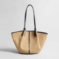 Large Paneled Woven Straw Tote Bag – Marte Grass Leather Trim Oversized Shoulder Tote - Totes at Dealshubindia