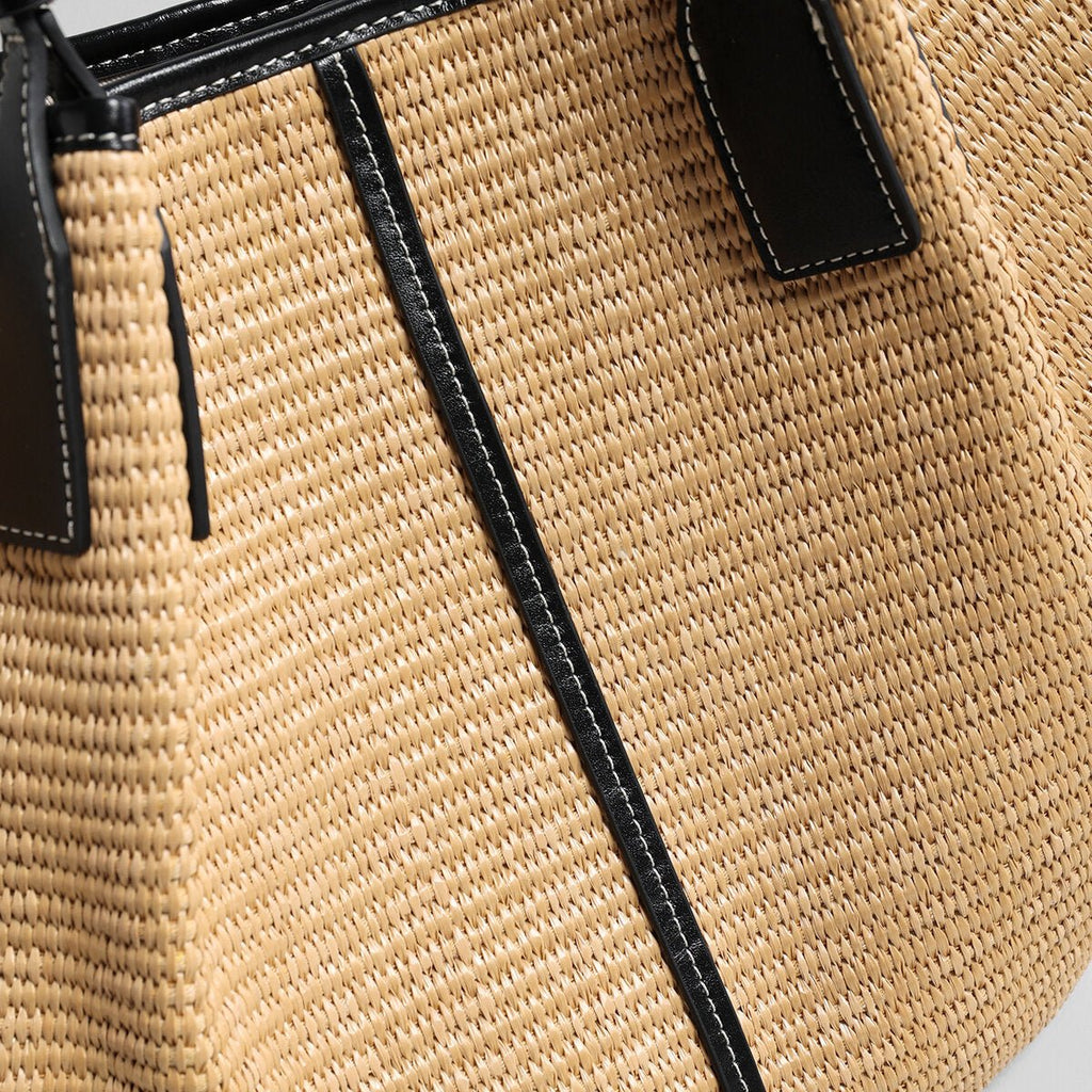 Large Paneled Woven Straw Tote Bag – Marte Grass Leather Trim Oversized Shoulder Tote - Totes at Dealshubindia