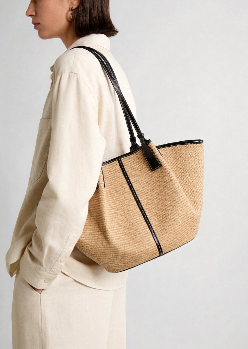 Large Paneled Woven Straw Tote Bag – Marte Grass Leather Trim Oversized Shoulder Tote - Totes at Dealshubindia