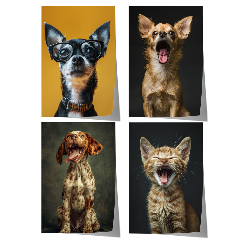 Lustige Haustier Poster · Geschenkidee · Chihuahua mit Brille Hunde und Katze · Dekoprint ohne Rahmen