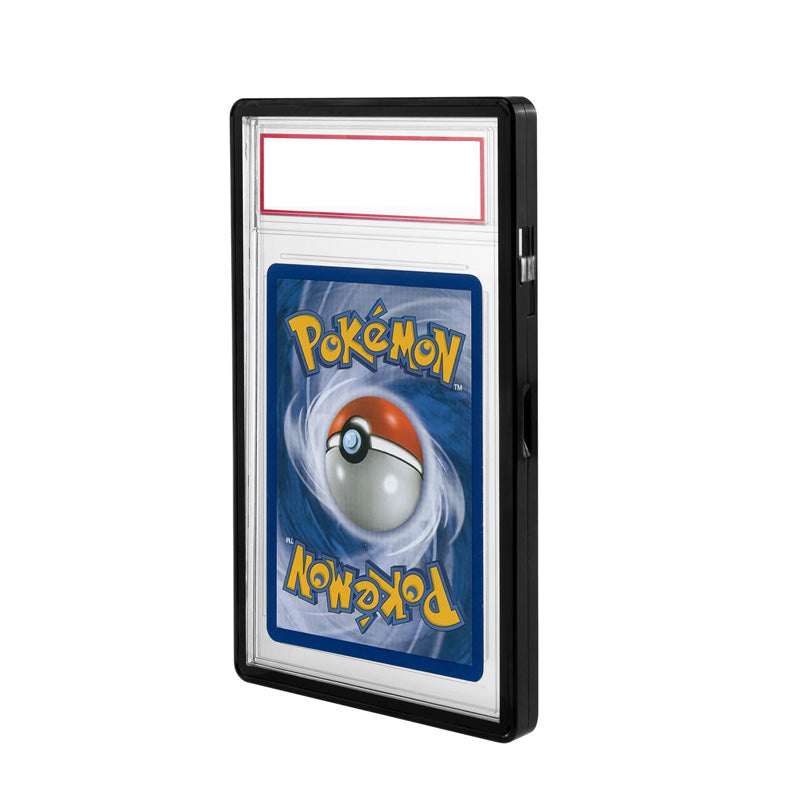 Black trading card slab case with clear front and label slot