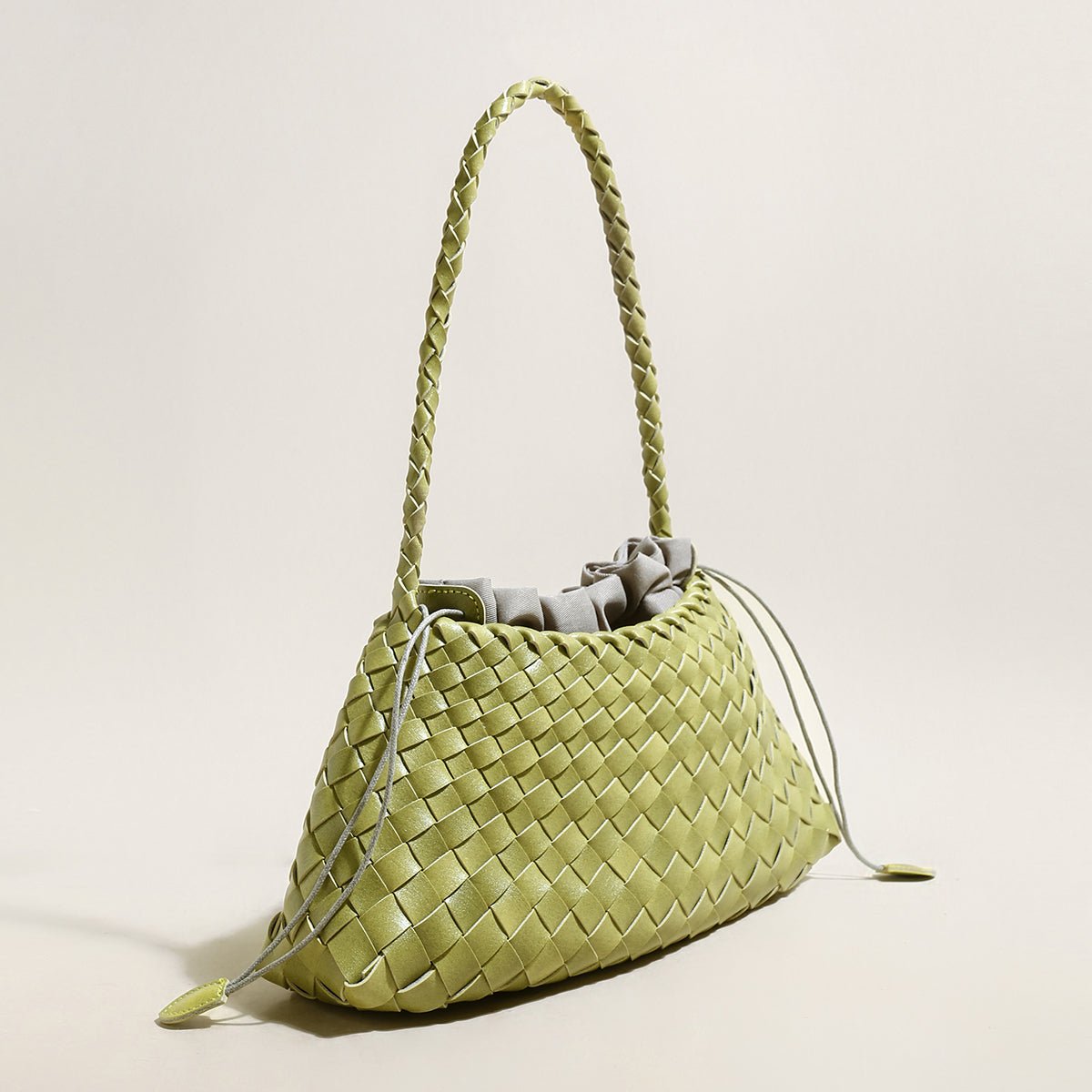 Mini Woven Trapezoid Drawstring Shoulder Bag – Handwoven Microfiber Leather Shoulder Bag - Shoulder Bags at Dealshubindia