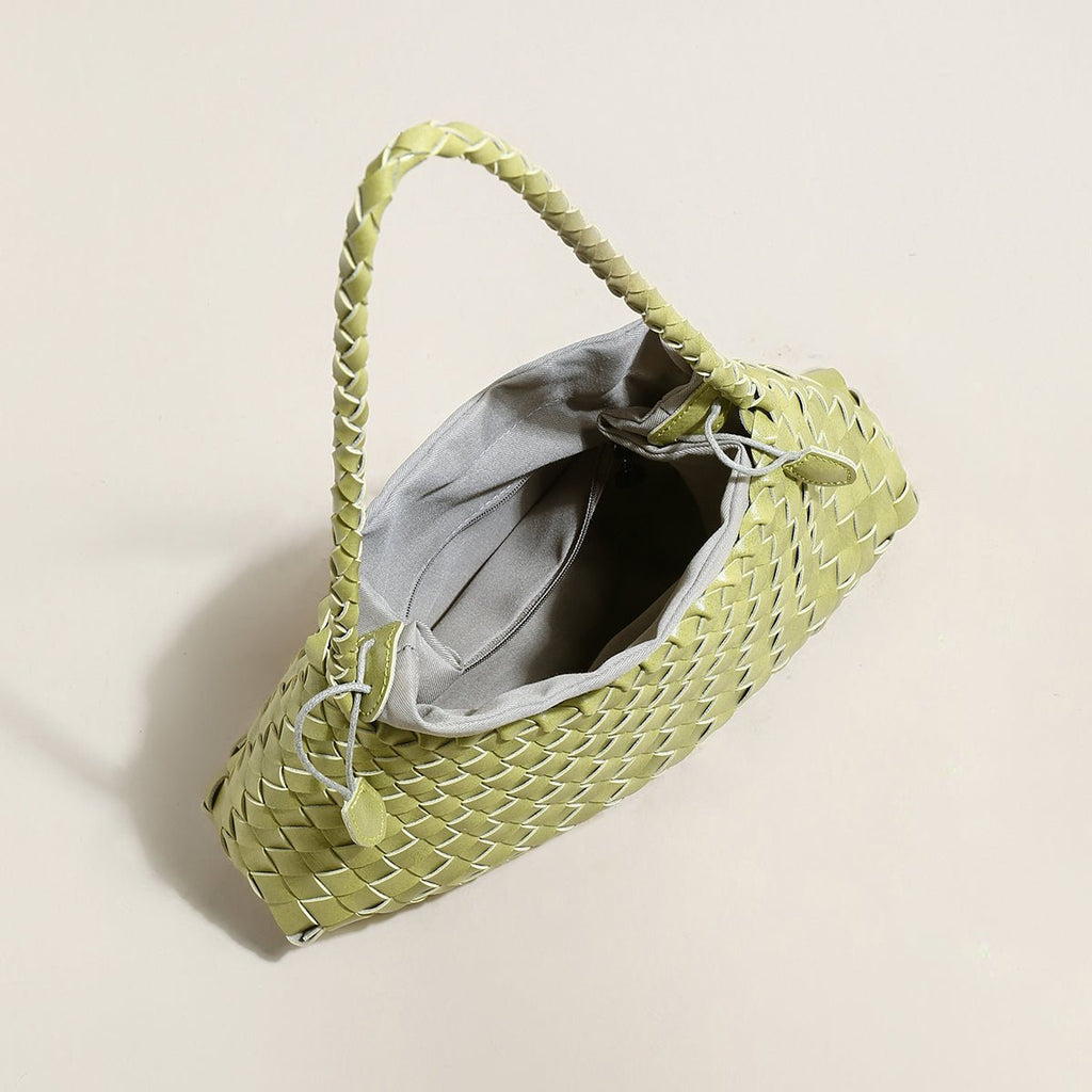 Mini Woven Trapezoid Drawstring Shoulder Bag – Handwoven Microfiber Leather Shoulder Bag - Shoulder Bags at Dealshubindia