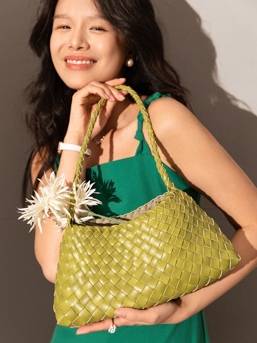 Mini Woven Trapezoid Drawstring Shoulder Bag – Handwoven Microfiber Leather Shoulder Bag - Shoulder Bags at Dealshubindia