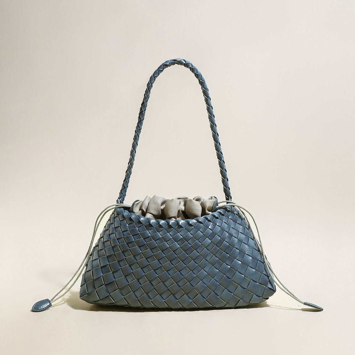 Mini Woven Trapezoid Drawstring Shoulder Bag – Handwoven Microfiber Leather Shoulder Bag - Shoulder Bags at Dealshubindia