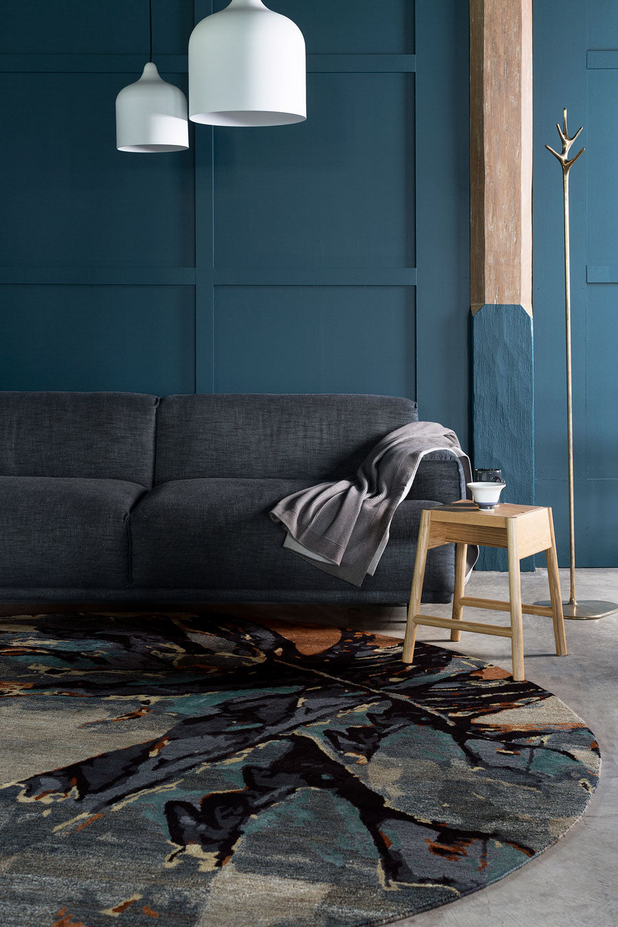 Hand Tufted Abstract Leaf Round Wool Rug | Teal, Rust & Sand | Mirre by Rugfine