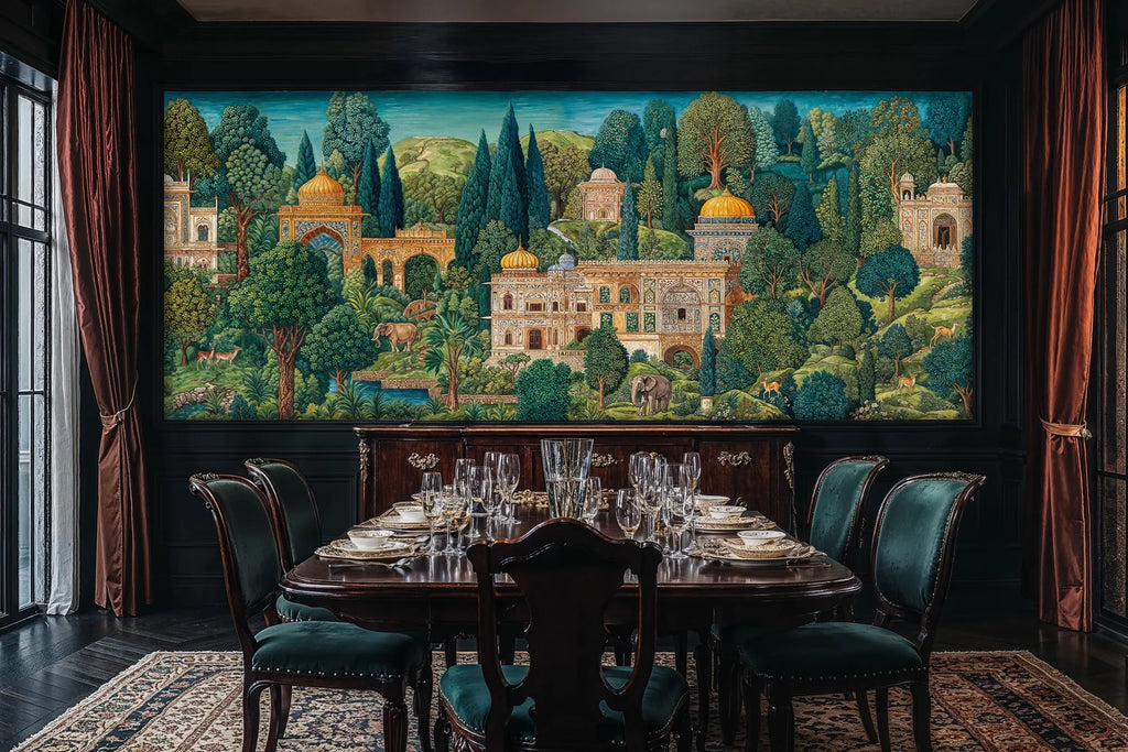 Wall mural with sprawling palace courtyard, domes, and tall trees in layered hills