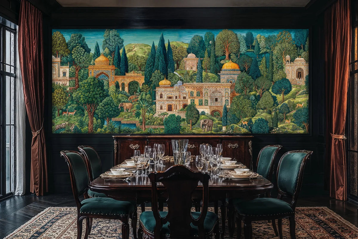 Wall mural with sprawling palace courtyard, domes, and tall trees in layered hills