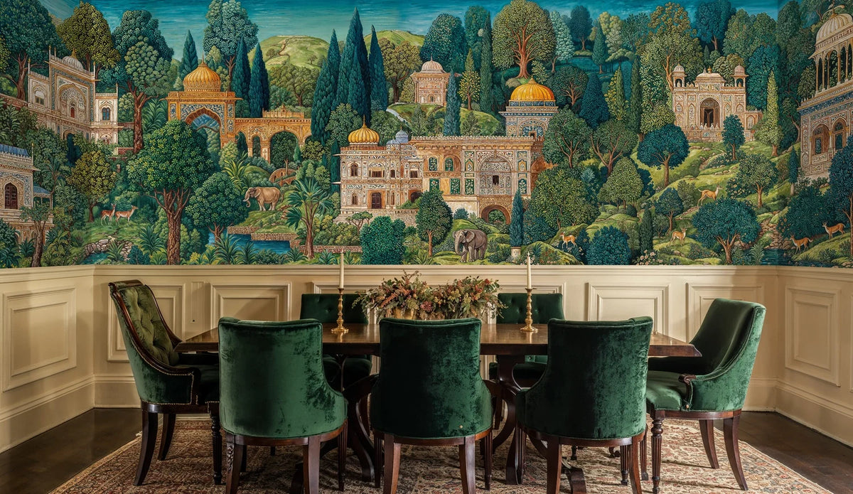 Wall mural featuring palace buildings framed by green trees and garden paths