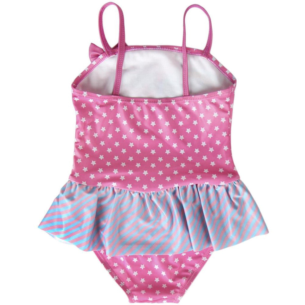 Girls star swimsuit with pink star tank, ruffled striped skirt, and tie straps
