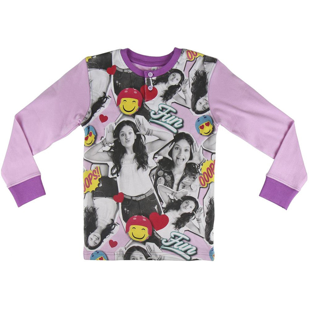 Lilac Soy Luna long-sleeve pajama top with purple collar and collage graphic print