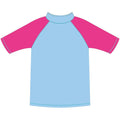 Light blue beach top with pink raglan sleeves and turquoise trim