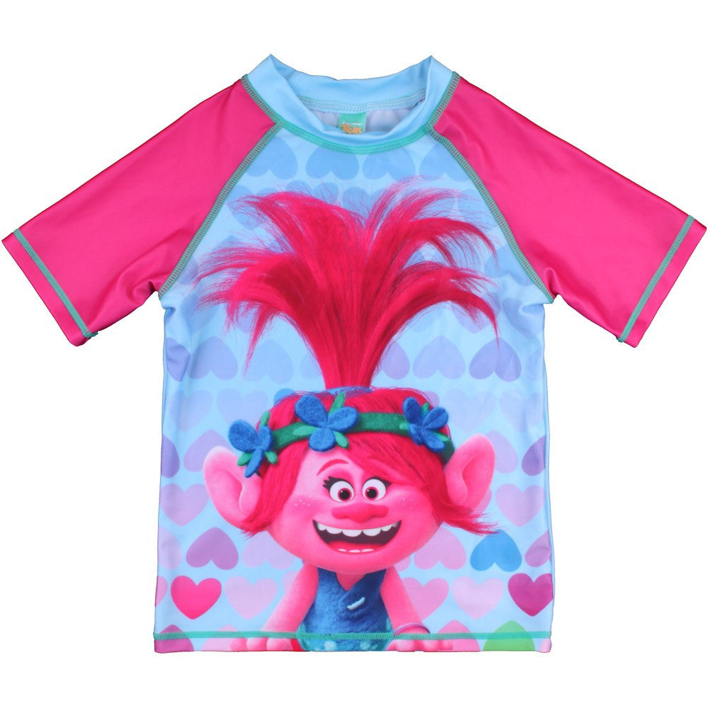 Kids beach rash guard top with troll graphic, light blue and pink raglan sleeves