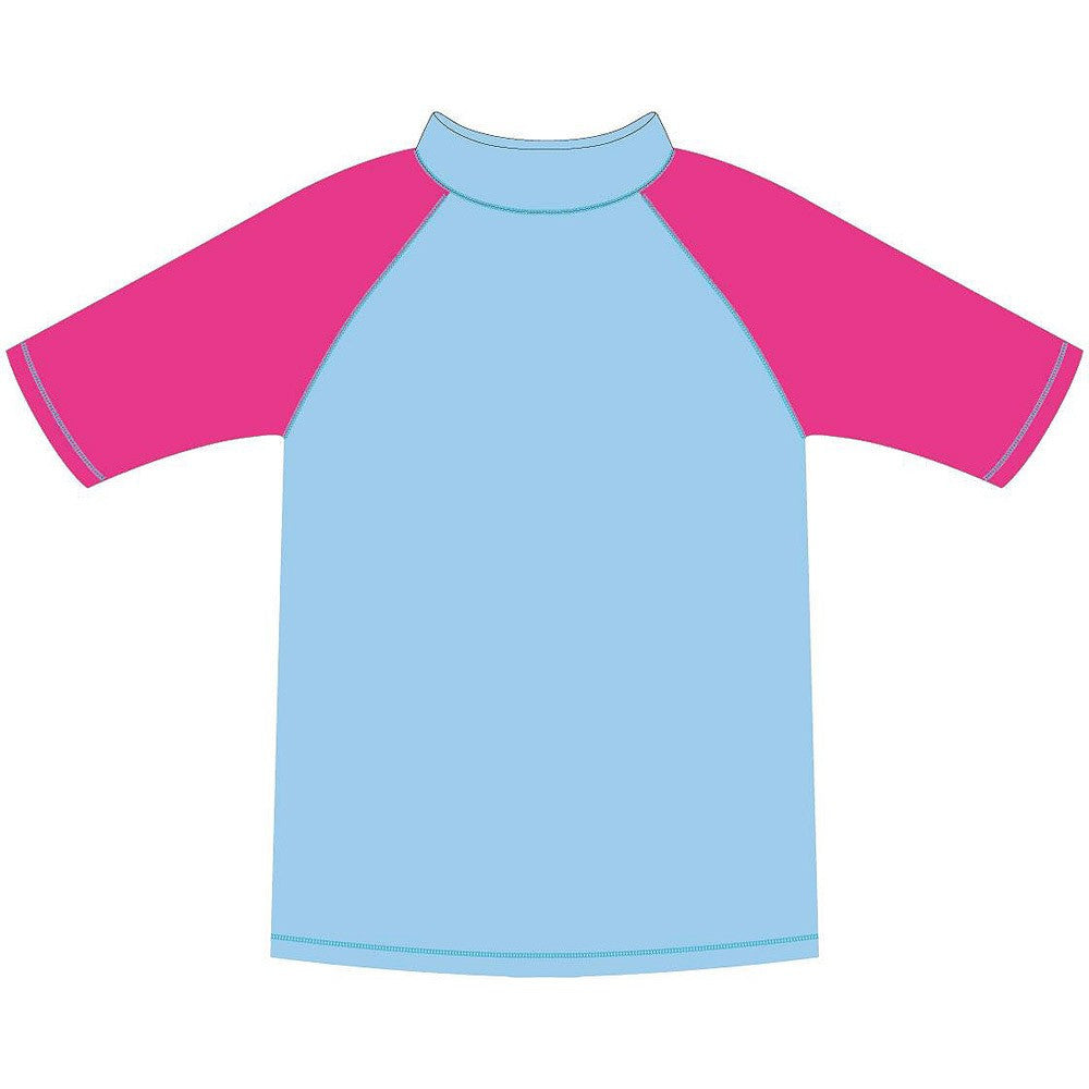 Kids beach rash guard top, light blue body with pink raglan sleeves and crew neck