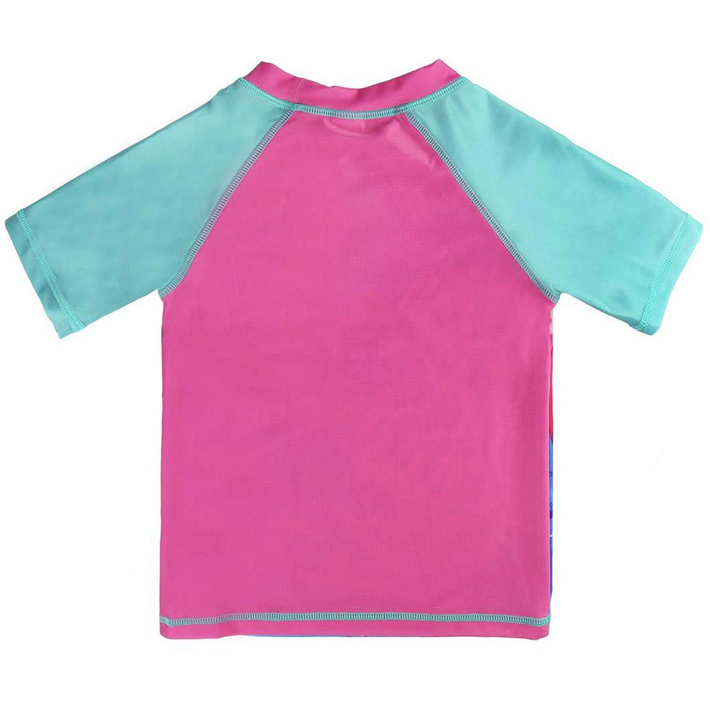 Girls' long-sleeve beach top with solid pink body and turquoise raglan sleeves
