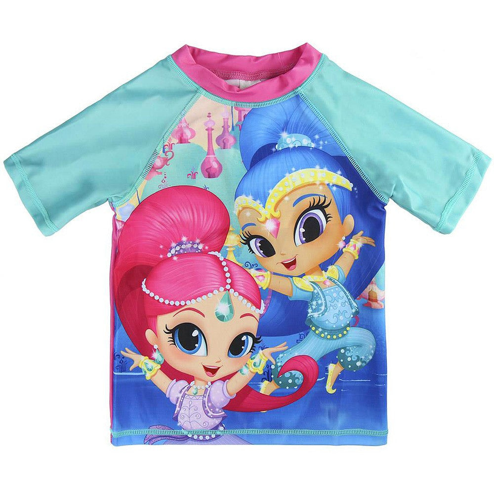 Kids' beach rash guard top with turquoise sleeves and pink trim, colorful character print