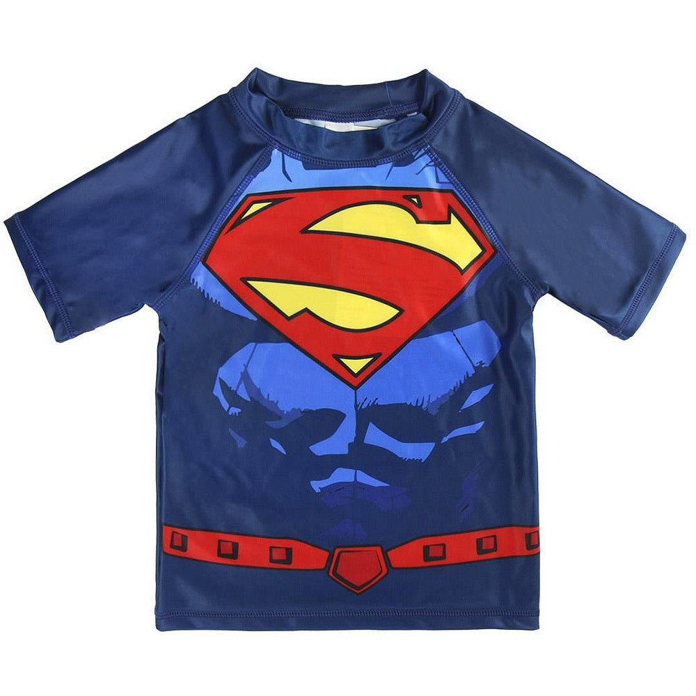 Blue short-sleeve beach top with Superman emblem and chest graphic