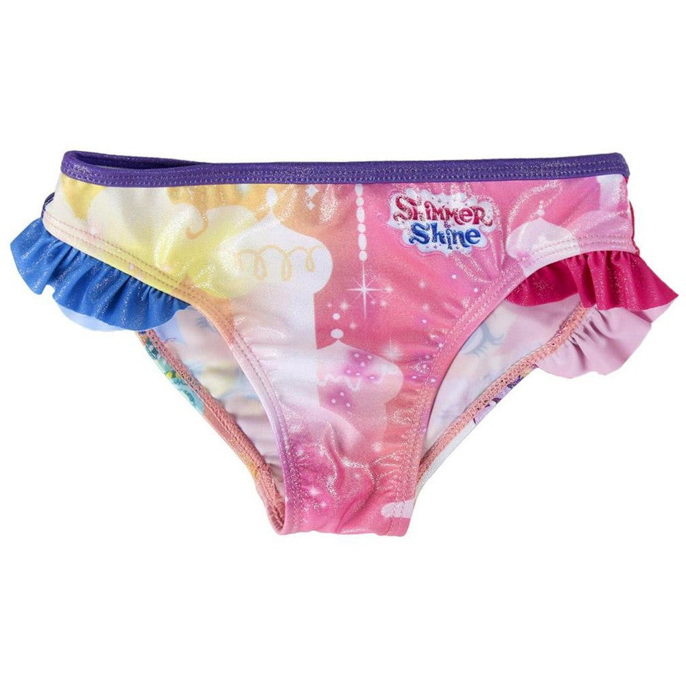 Girls' glittery pink swim briefs with character print and ruffled leg edges