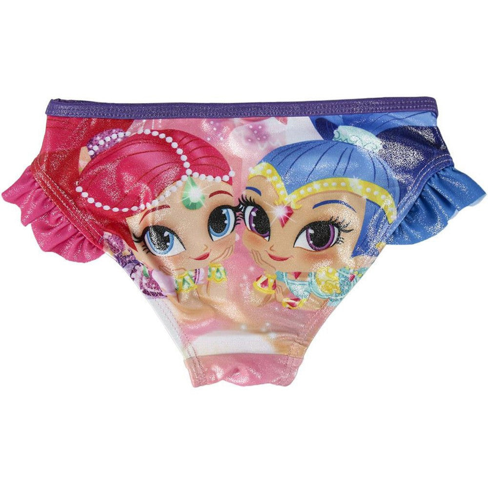 Shimmer and Shine swim briefs with character print, blue and pink panels, ruffle sides