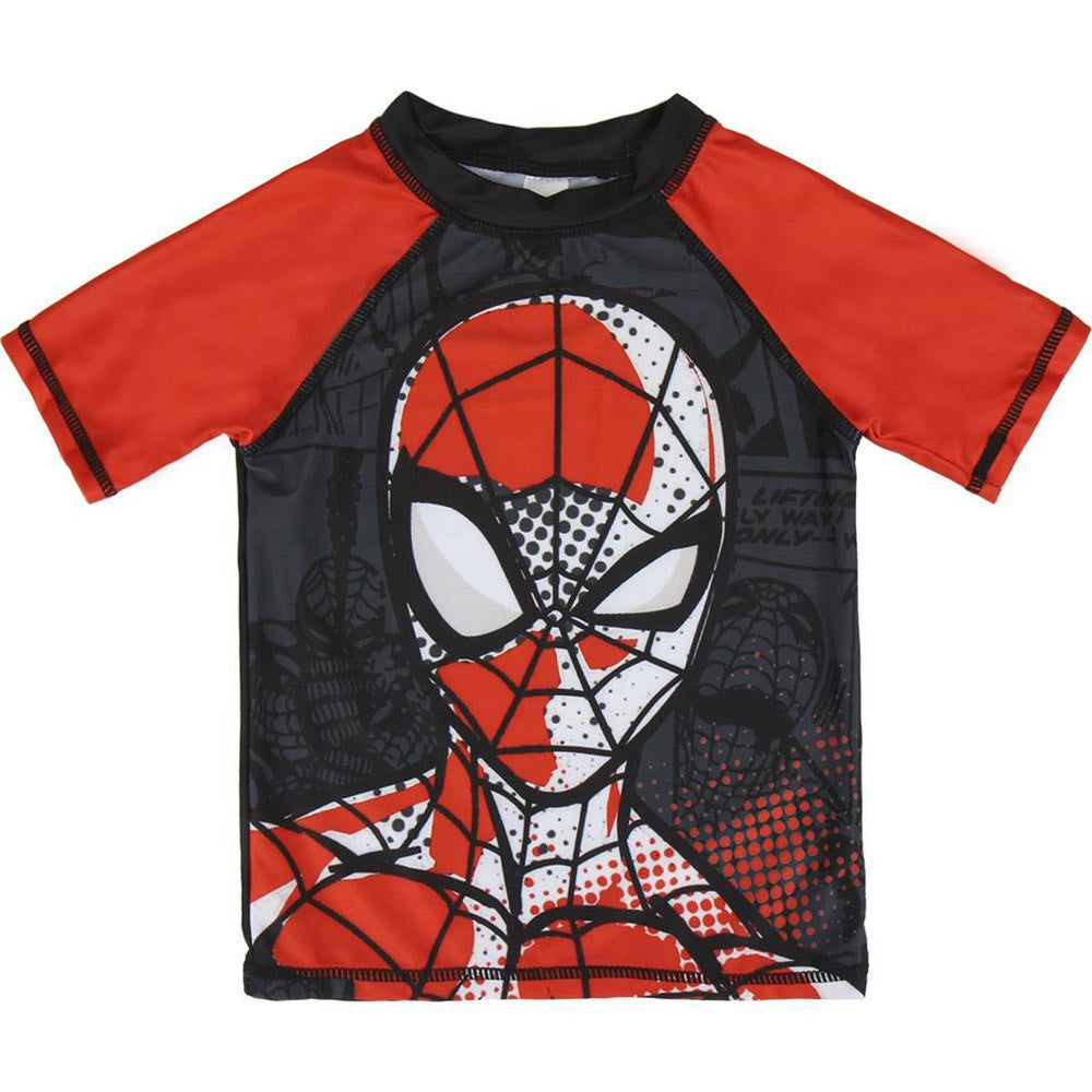 Kids' sun protection rash guard top with Spider-Man graphic, red black white