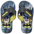 Batman flip flops with gray straps, Batman graphic and yellow logo