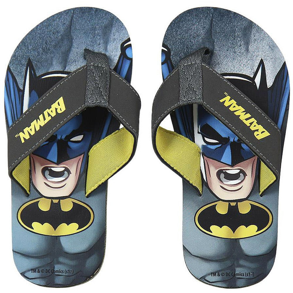 Batman flip flops pair with blue graphic footbed, black straps, yellow Batman emblem