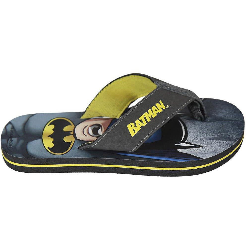 Batman flip flops with black straps, yellow Batman face graphic, dark flip sole