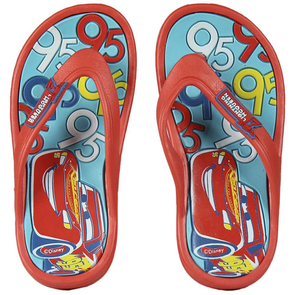 Cars 3 red flip-flops with character graphic on light blue footbed