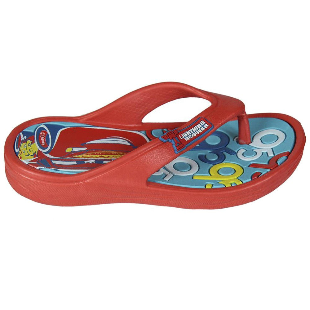 Red flip-flops with open toe strap and blue Cars graphic on top