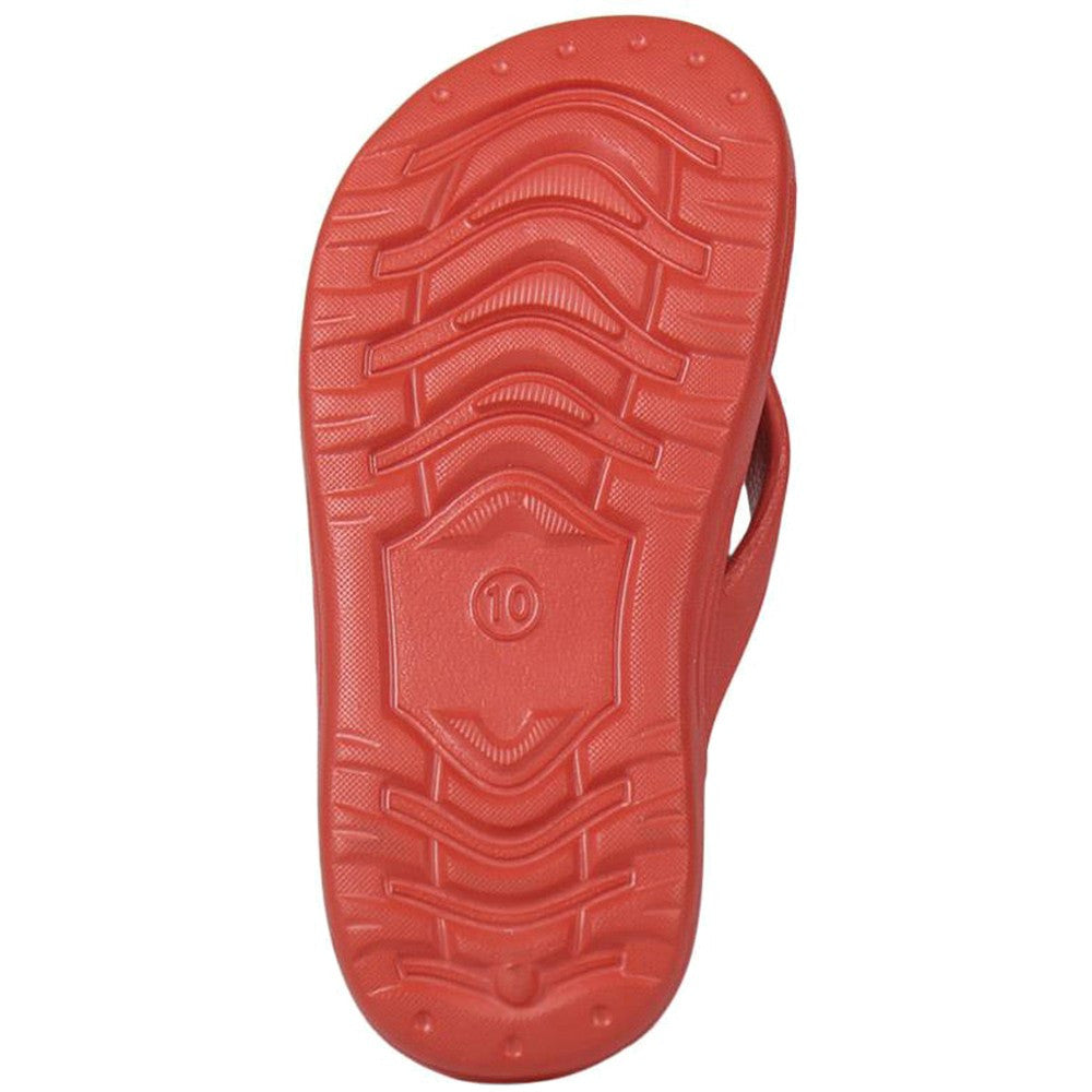 Red flip-flop outsole with textured tread and small molded logo