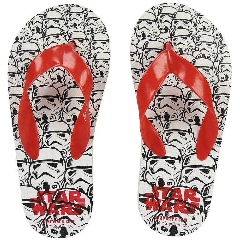 Star Wars flip-flops with white and black stormtrooper print and red thong straps
