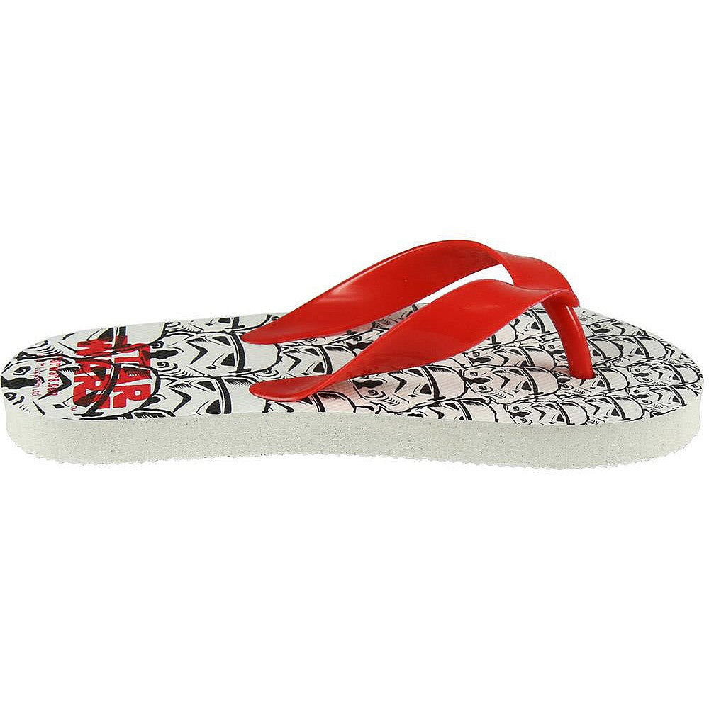 Star Wars flip-flops side view, white-and-black character print with red strap