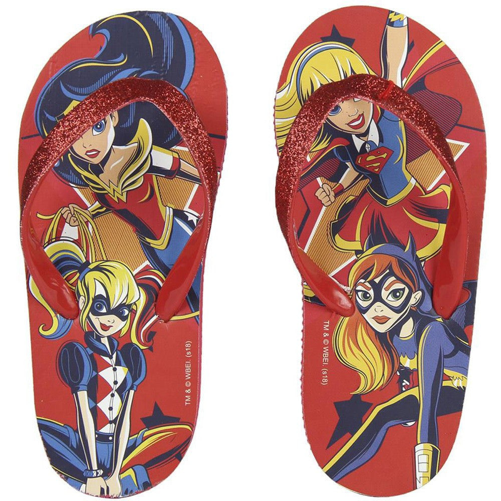 Girls superhero flip-flops with red printed characters and glitter strap