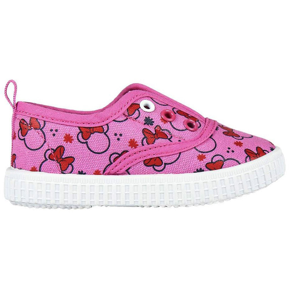 Pink canvas sneaker with Minnie character pattern, lace-up and white rubber sole