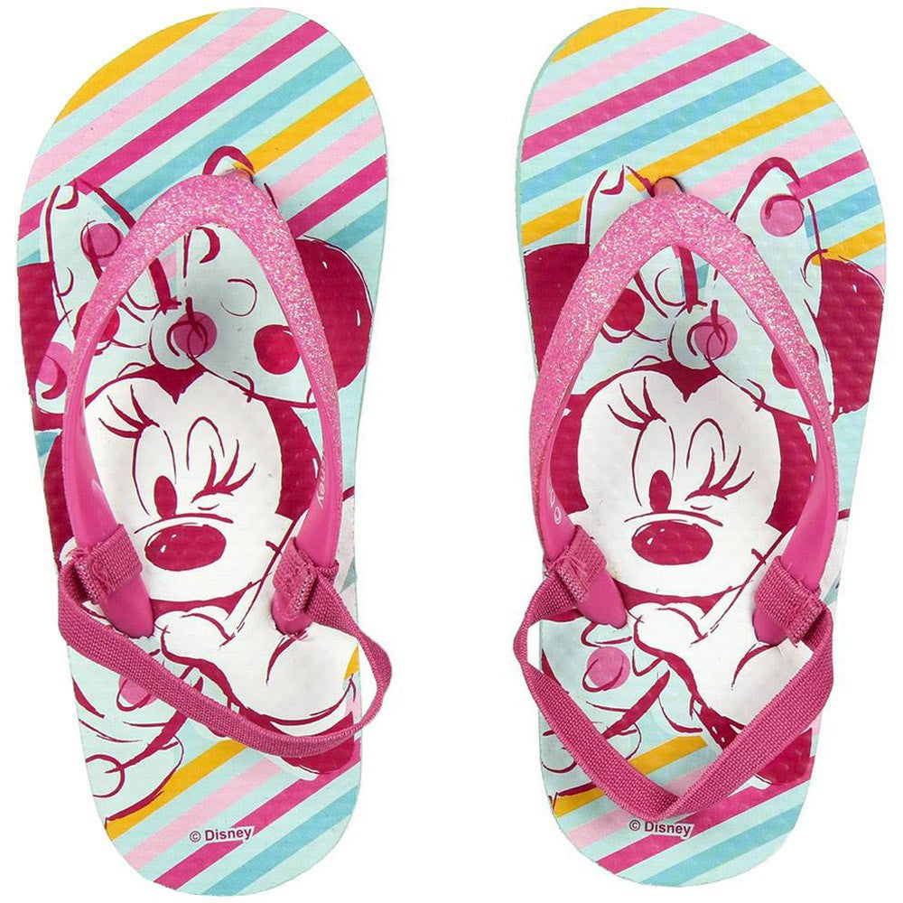 Minnie flip-flops with multicolor striped sole, pink glitter thong strap, printed character face