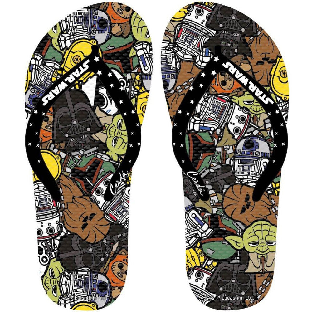 Star Wars flip-flops with black thong straps and colorful comic-style character print