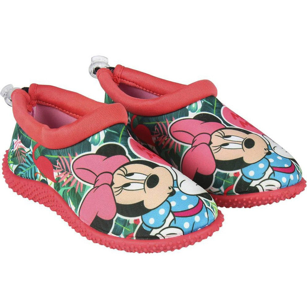 Kids' Minnie beach shoes, red trim and floral print, fabric slip-on with elastic strap