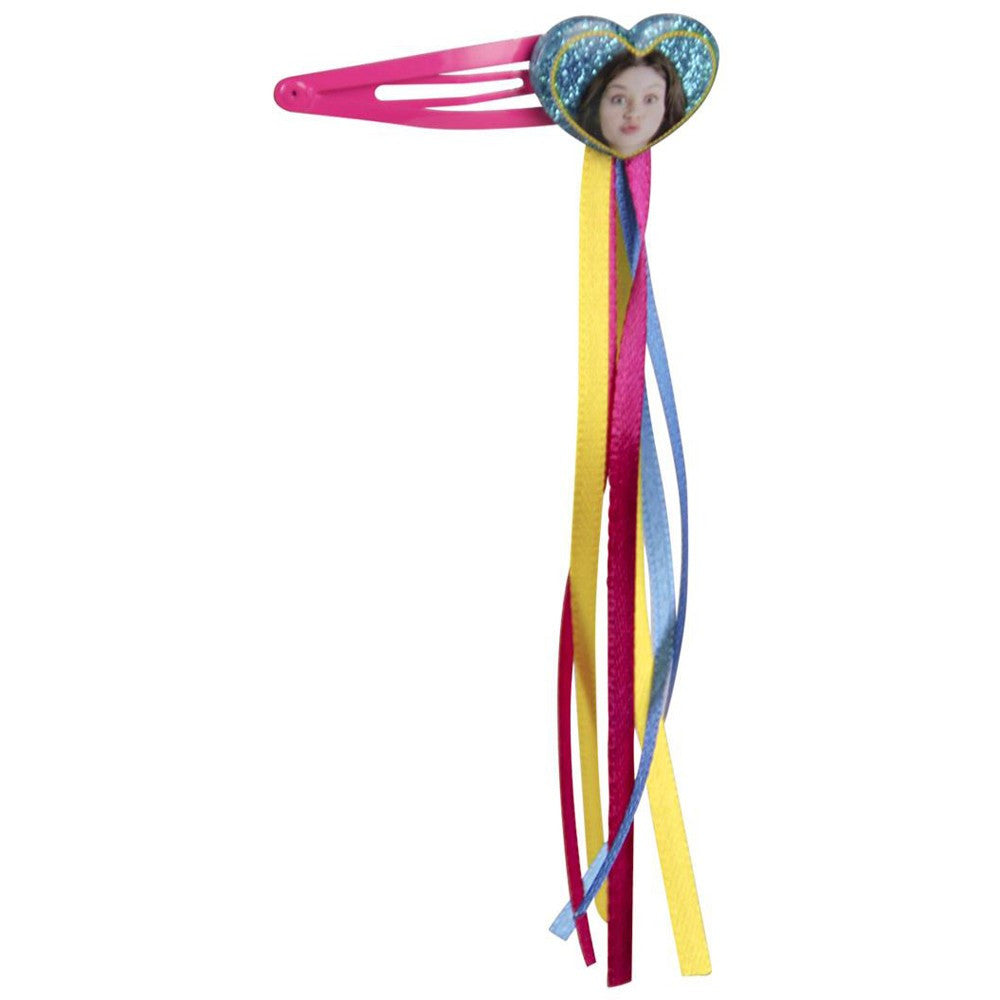 Pink hair clip with photo heart charm and long multicolor ribbon streamers
