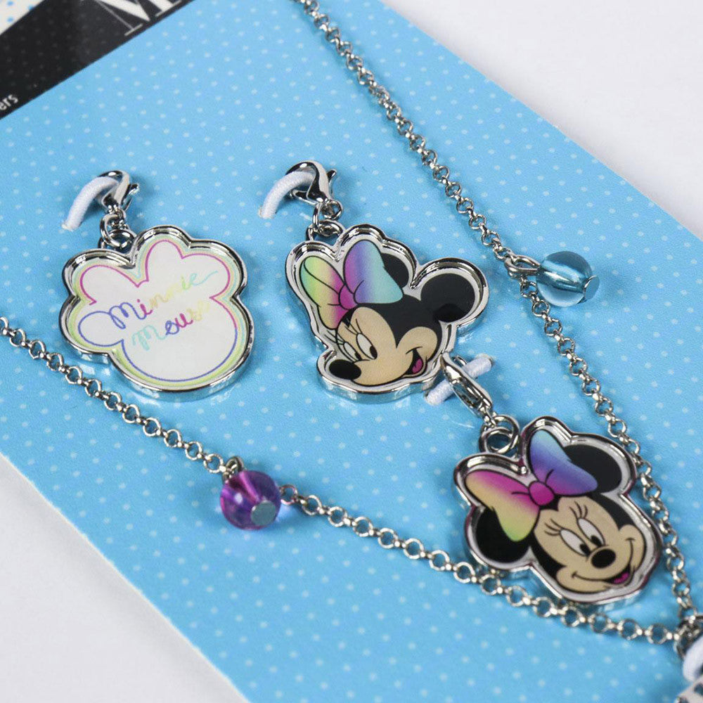 Minnie Mouse charm necklace with three enamel pendants and silver-tone ball chain