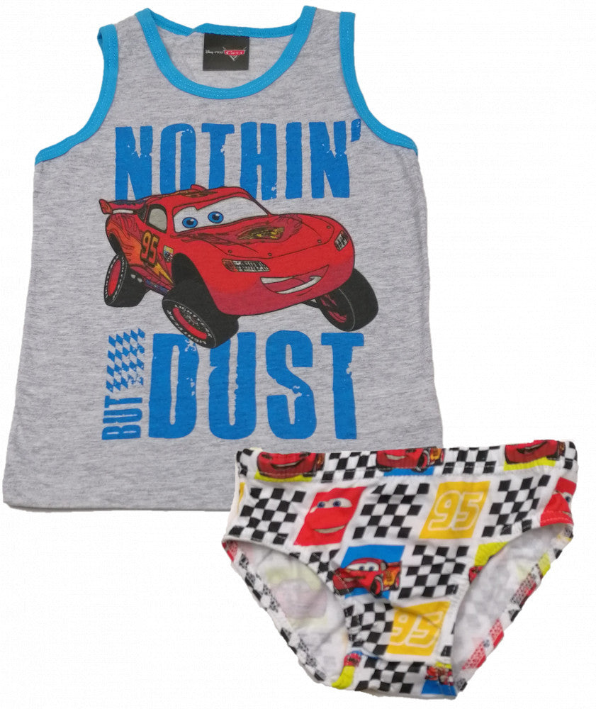 Gray kids underwear set with blue trim, tank top and racing car print briefs