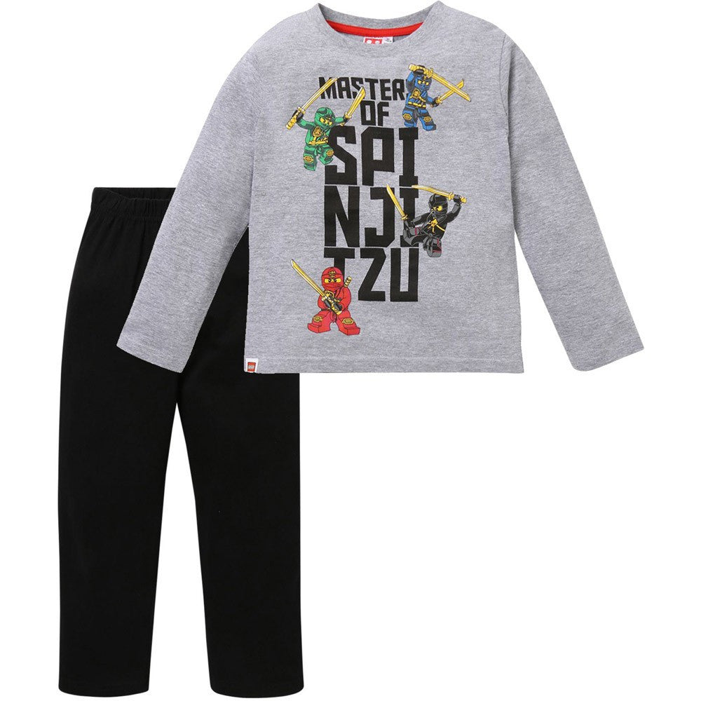 Spinjitzu gray-black pajama set: heather gray long-sleeve top with graphic, black pants