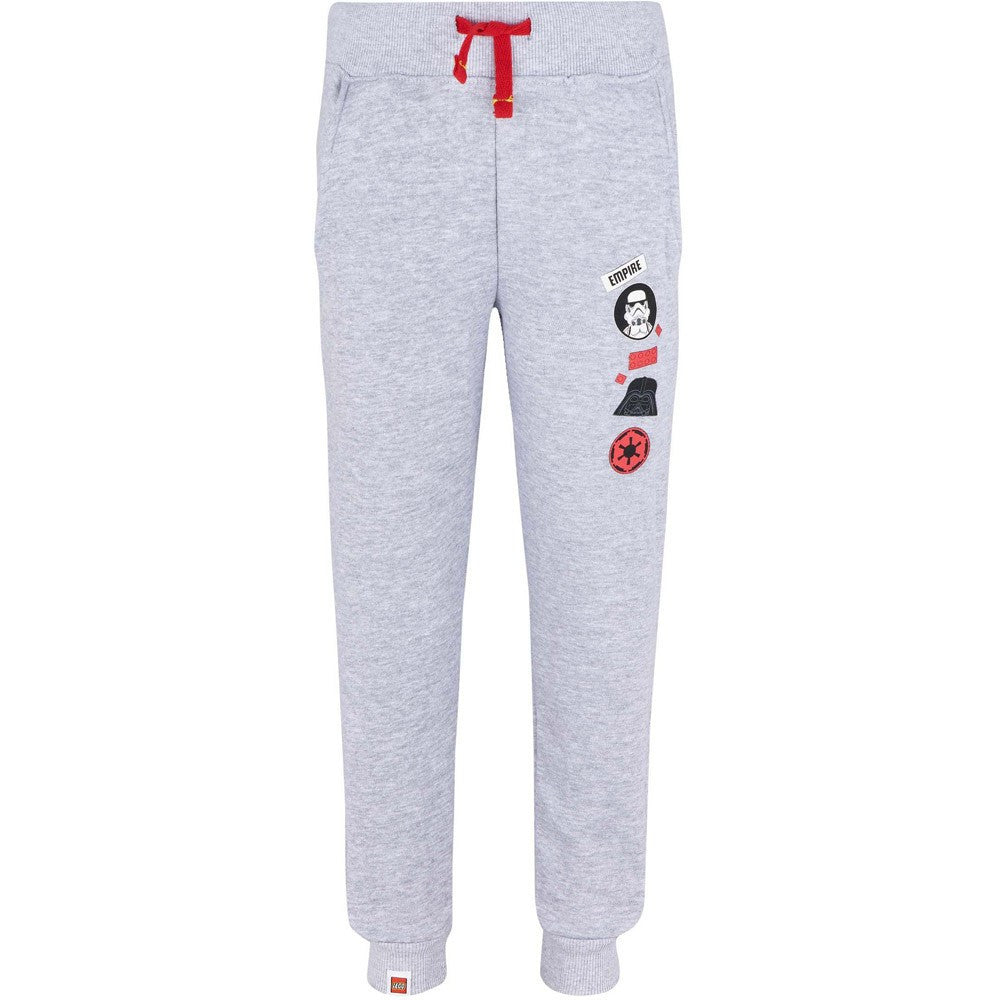 Light grey LEGO Star Wars sweatpants with red drawstring and character patch