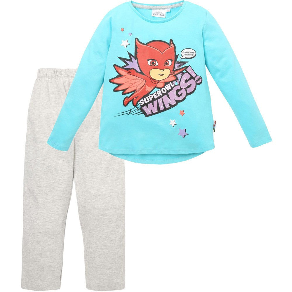 Turquoise long-sleeve pajama top with wing graphic and gray lounge pants