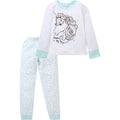 Kids unicorn pajama set: white long-sleeve top w/ light-blue trim, blue dot pants