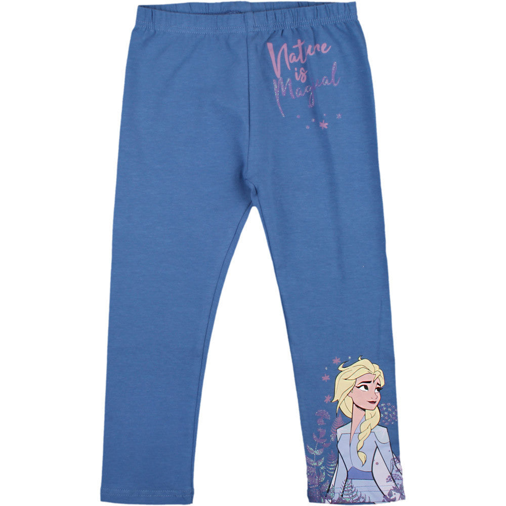 Blue 7/8 leggings with elastic waistband, character print on lower leg