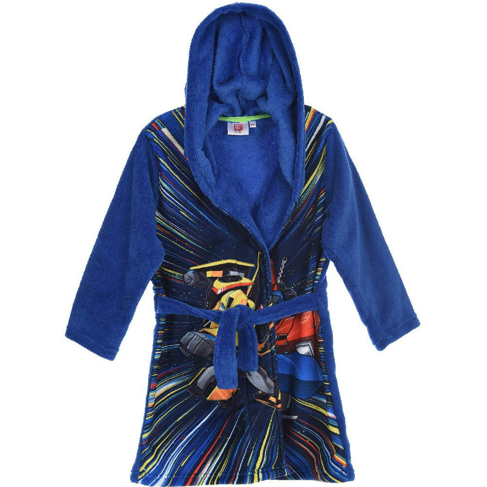 Royal blue fleece hooded robe with belt and multicolor graphic