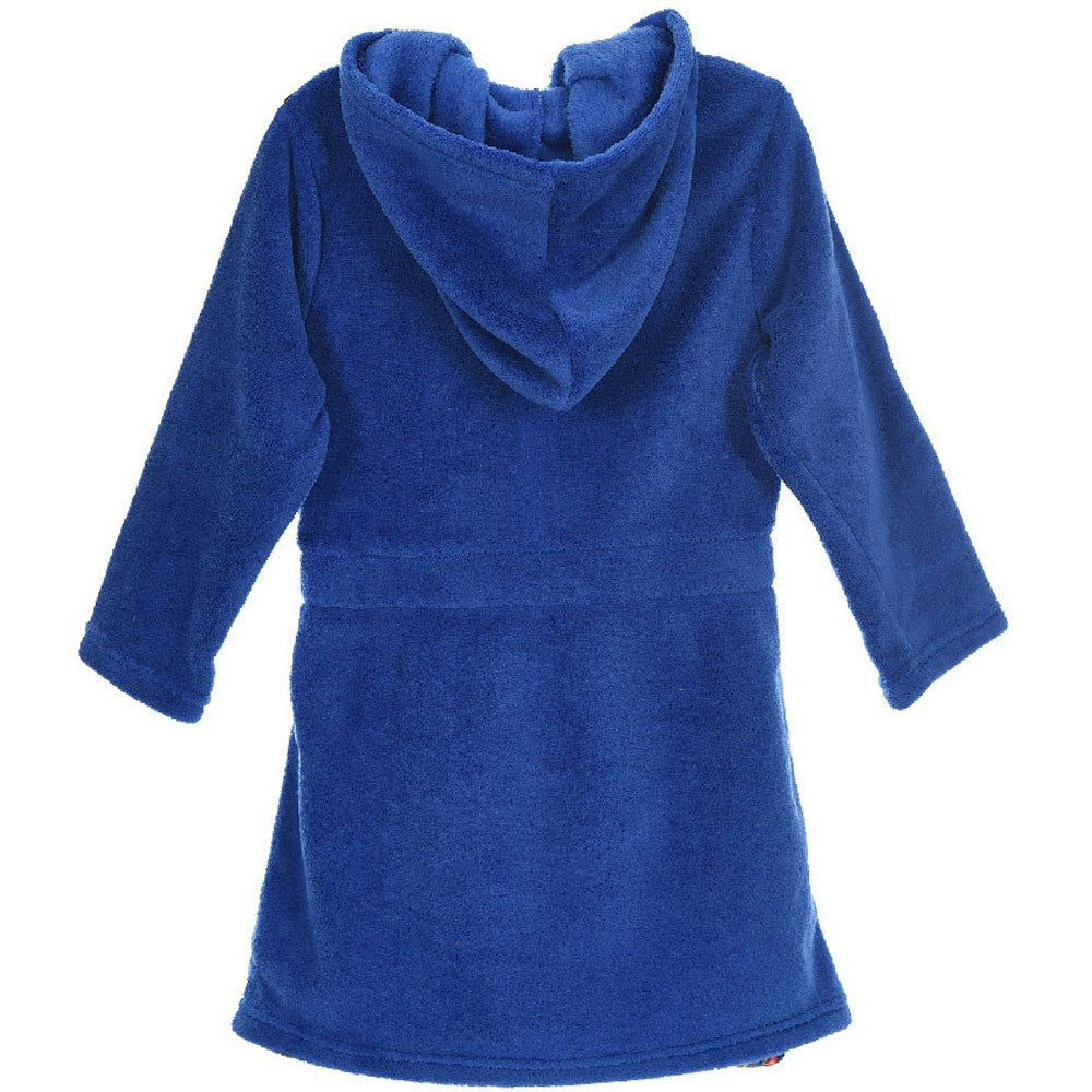 Royal blue fleece hooded robe with long sleeves and front tie belt
