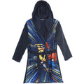 Navy fleece hooded robe with belt tie and colorful chest graphic