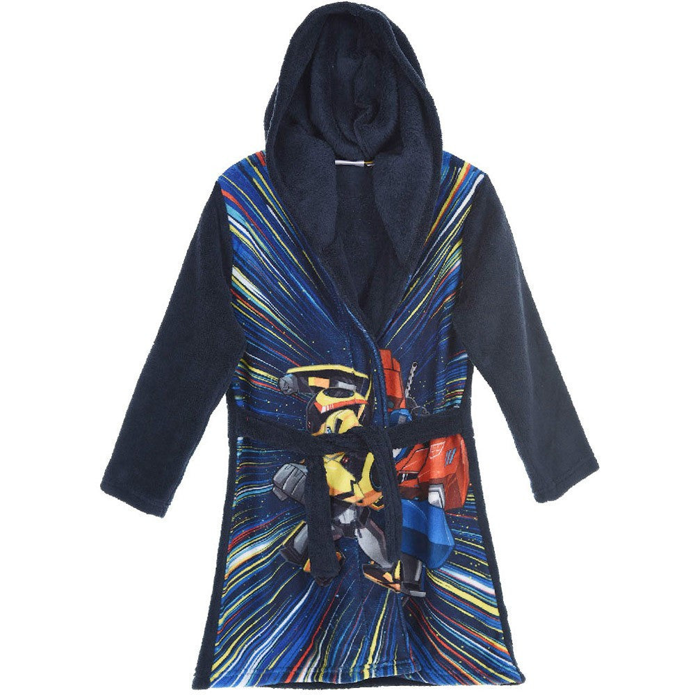 Navy fleece hooded robe with belt tie and colorful chest graphic