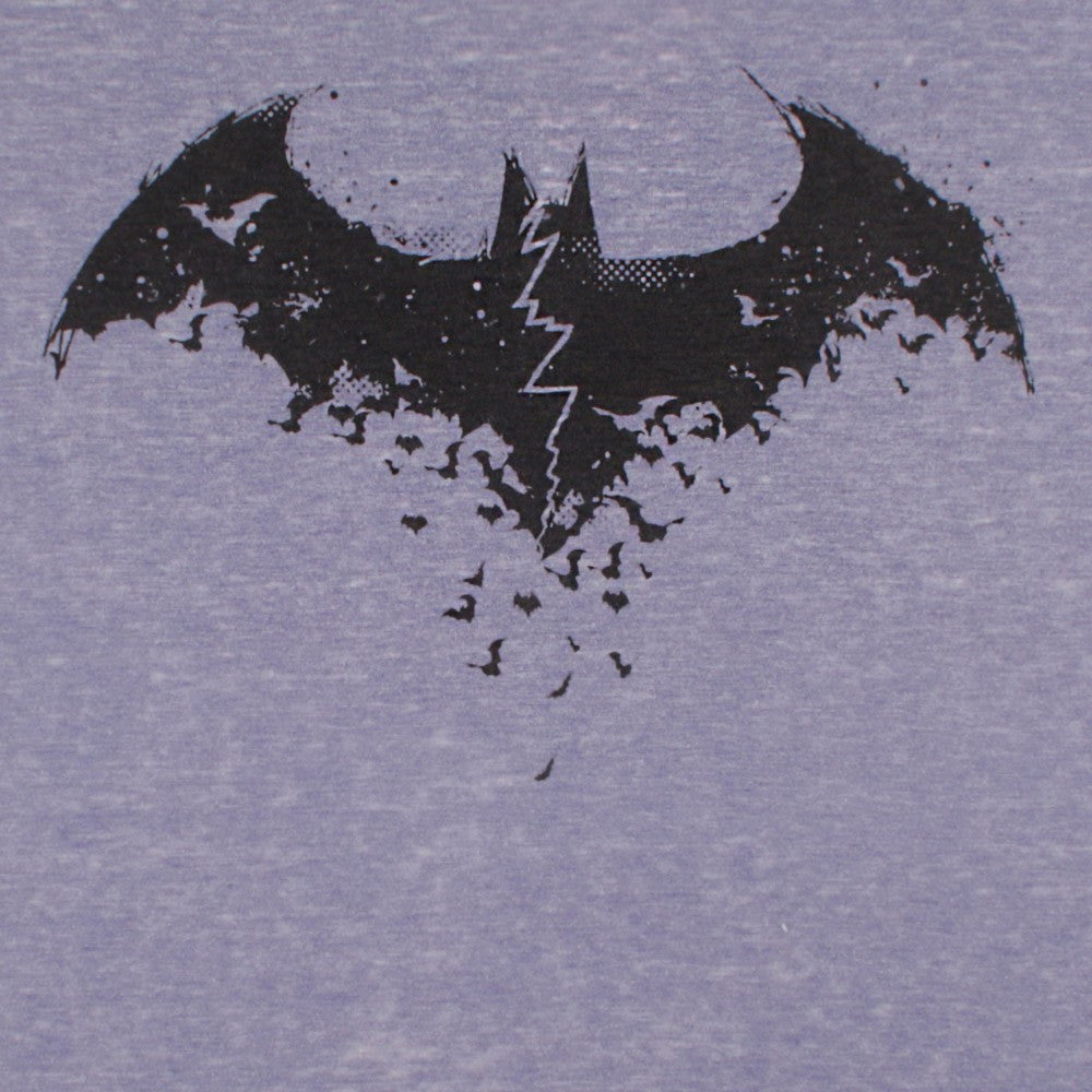 Men's blue tie-dye t-shirt close-up of black Batman bat logo